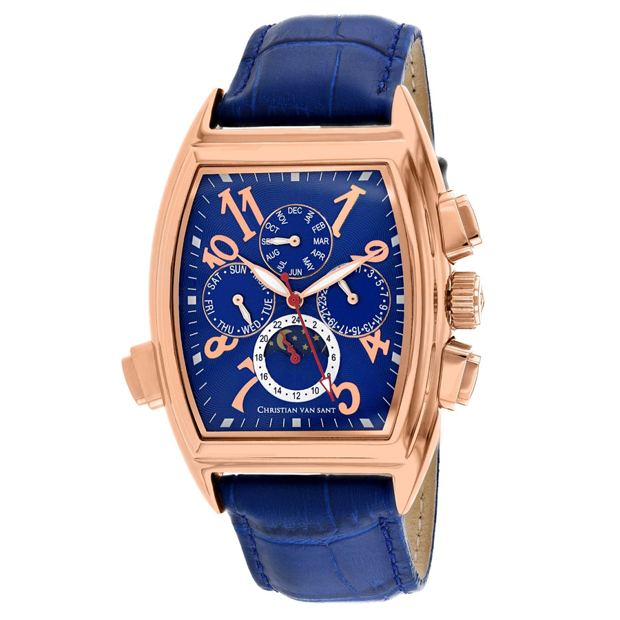 Christian Van Sant Grandeur Watch CV2140 Blue Dial Leather Strap Stainless Steel Image 1