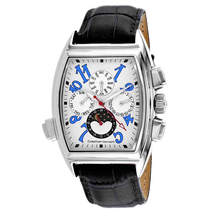 Christian Van Sant Mens Grandeur White Dial Watch CV2134 Stainless Steel Leather Image 1