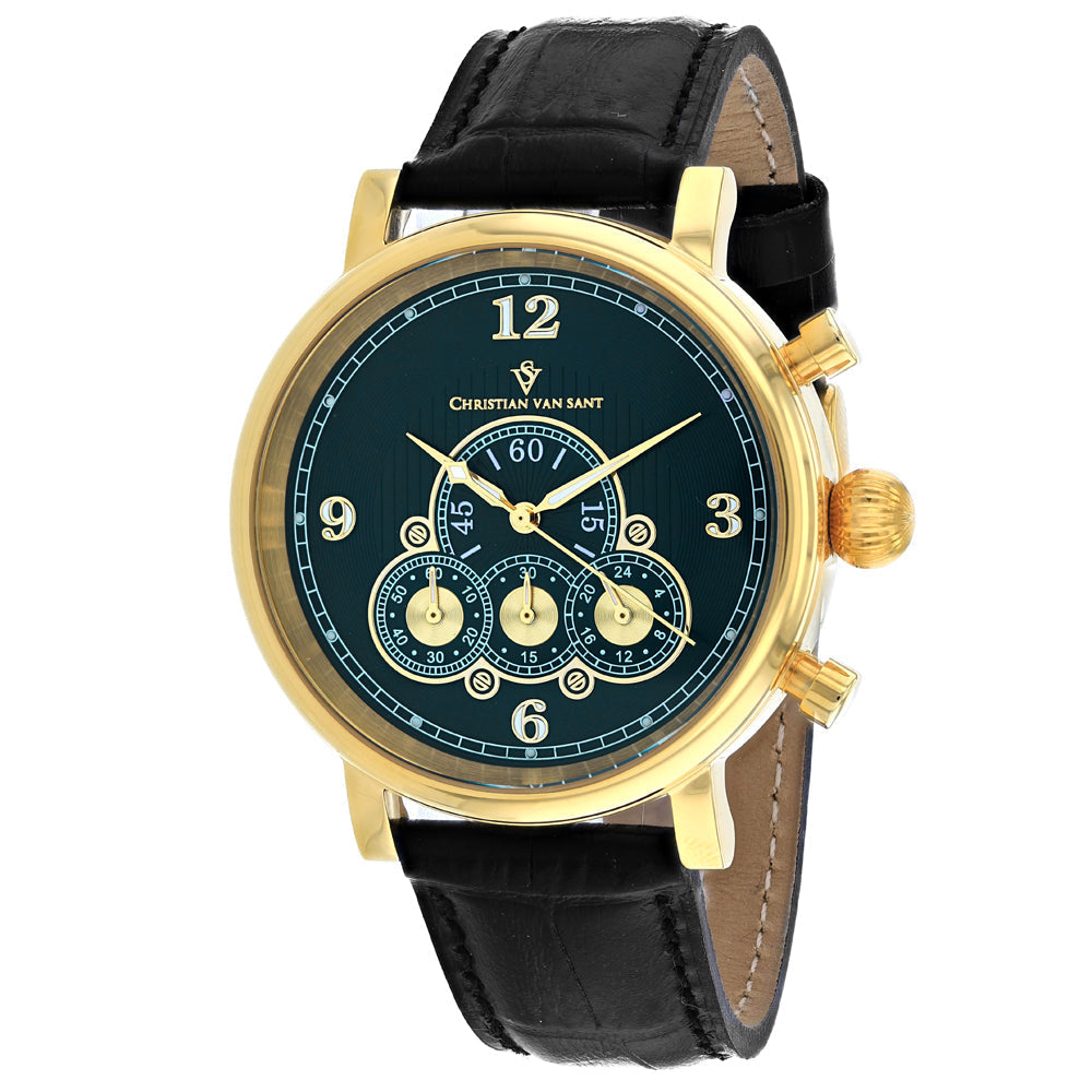 Christian Van Sant Mens Green Dial Watch CV0714 Stainless Steel Leather Strap Image 1