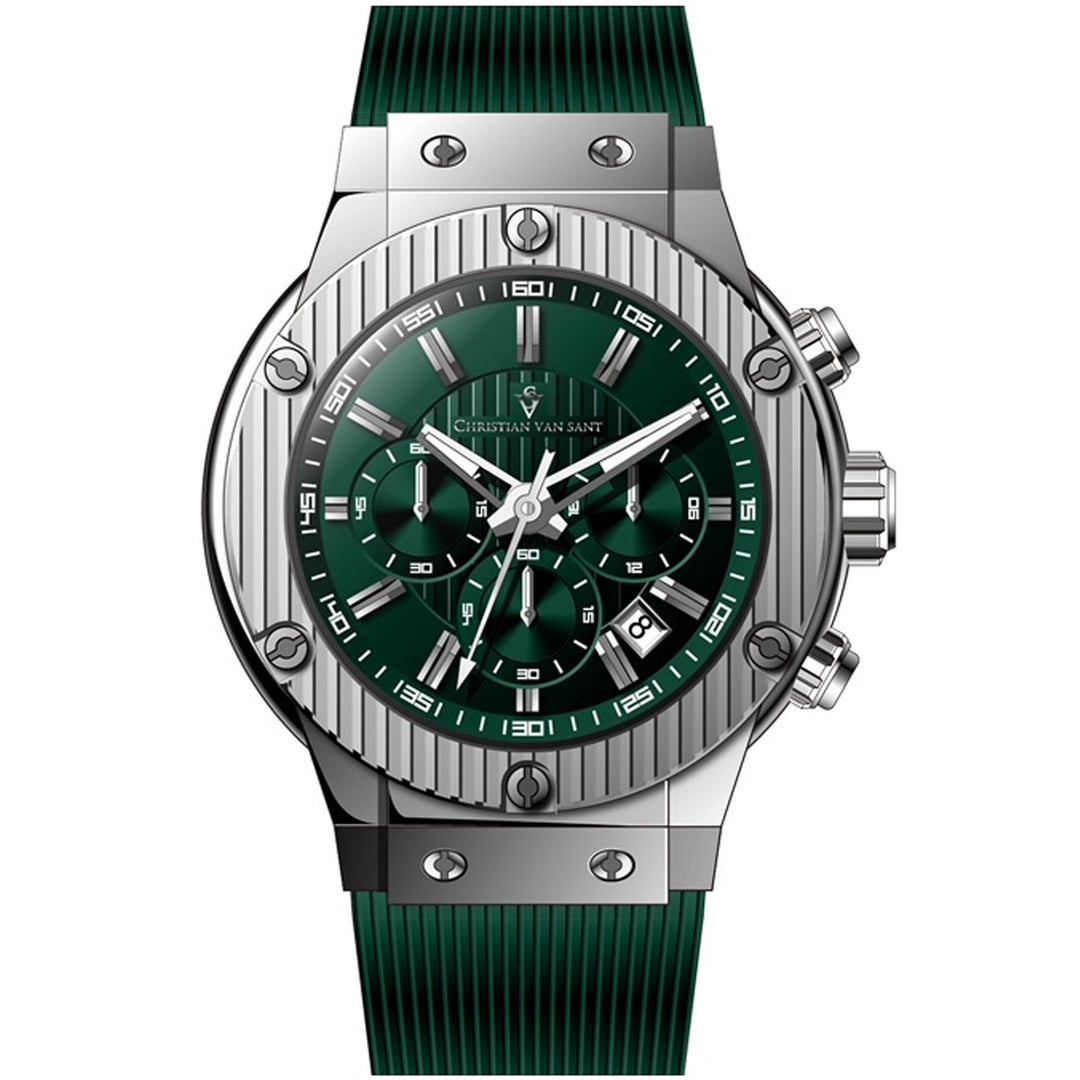 Christian Van Sant Mens Green Dial Watch CV8143 Stainless Steel Rubber Strap Image 1