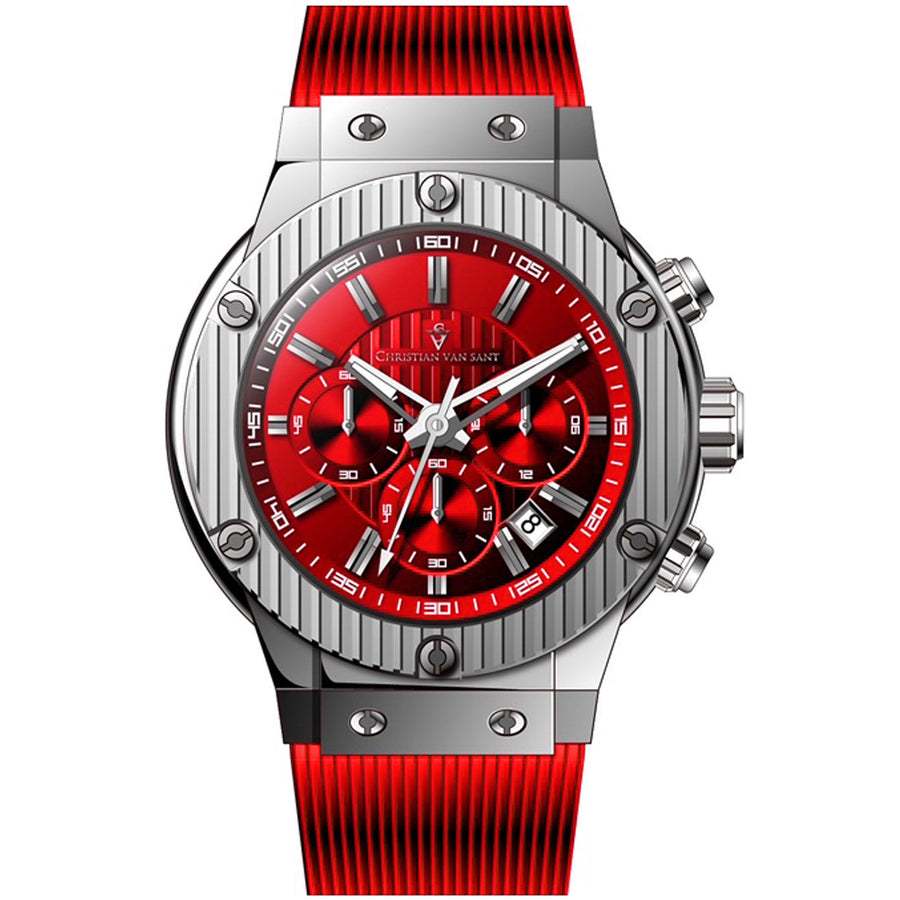 Christian Van Sant Monarchy Red Dial Watch CV8144 Stainless Steel Rubber Strap Image 1