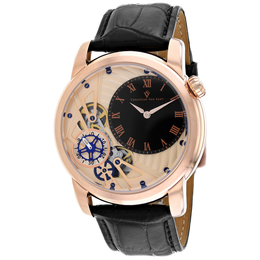 Christian Van Sant Mens Rose Gold Dial Quartz Watch CV1546 Stainless Steel Leather Image 1