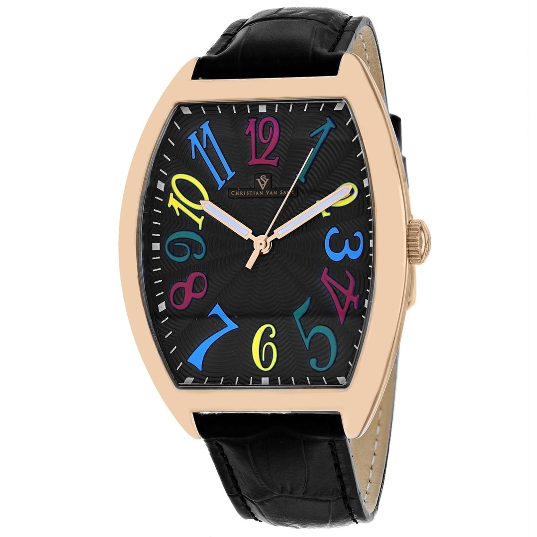 Christian Van Sant Royalty II Black Dial Watch CV0375 Stainless Steel Leather Strap Image 1