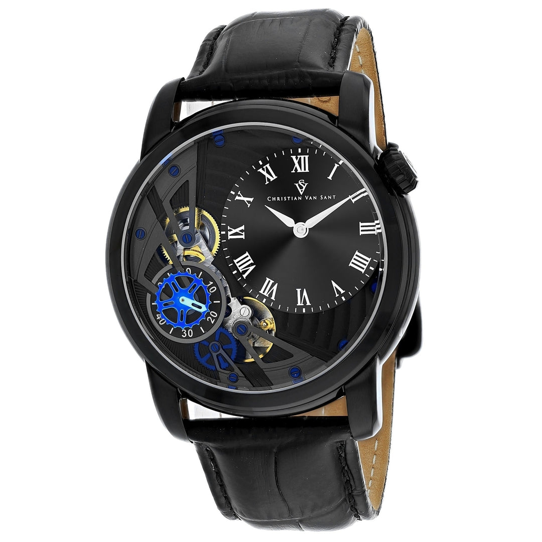 Christian Van Sant Mens Black Dial Quartz Watch CV1550 Stainless Steel Leather Strap Image 1