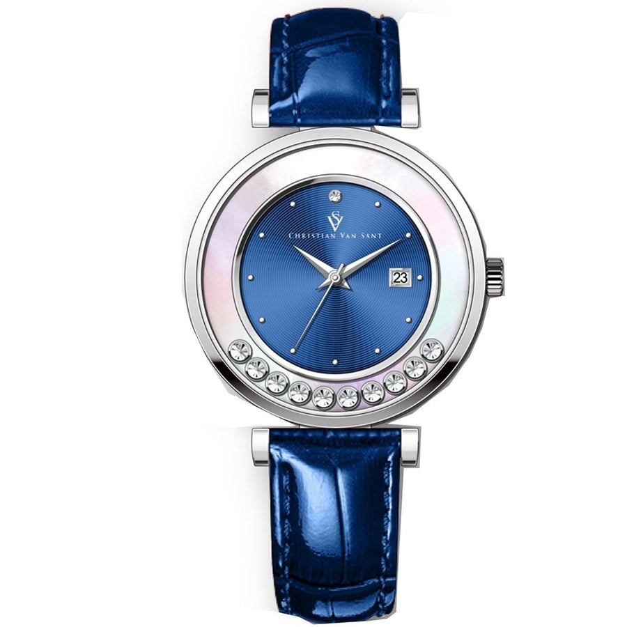 Christian Van Sant Bria Blue Dial Watch CV3812 Stainless Steel Leather Strap Image 1