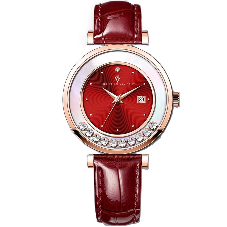 Christian Van Sant Bria Red Dial Watch CV3816 Stainless Steel Leather Strap Image 1