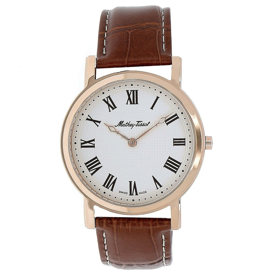 Mathey Tissot Mens Watch H611252BR White Dial Stainless Steel Leather Strap Image 1