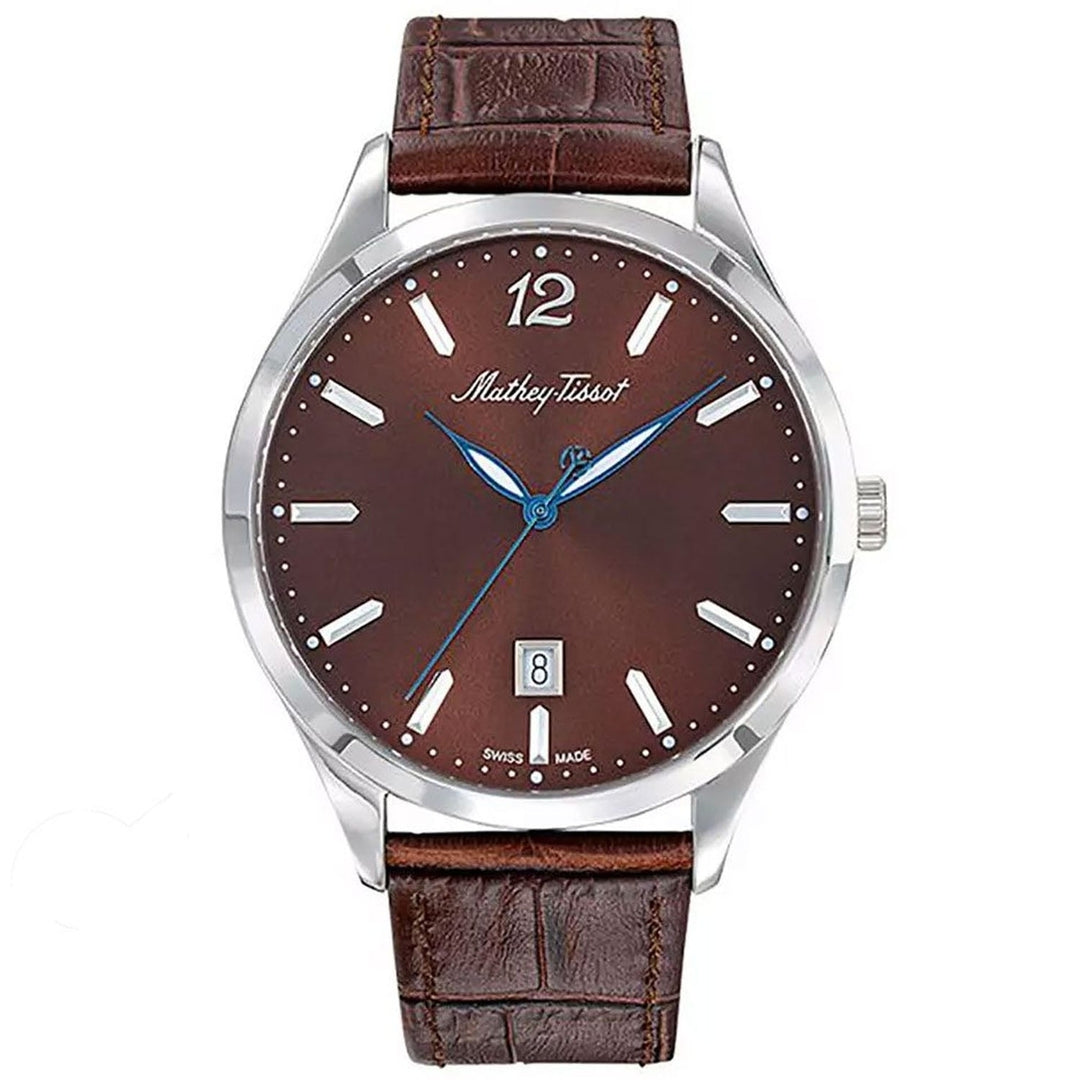 Mathey Tissot Mens Brown Dial Watch H411AM Stainless Steel Leather Strap Quartz Image 1