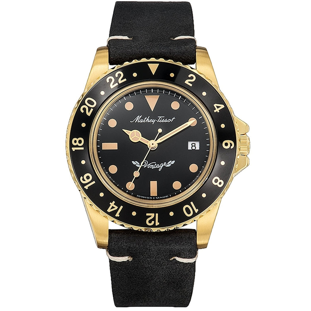 Mathey Tissot Mens Vintage Black Dial Watch H900PLN Stainless Steel Leather Strap Image 1