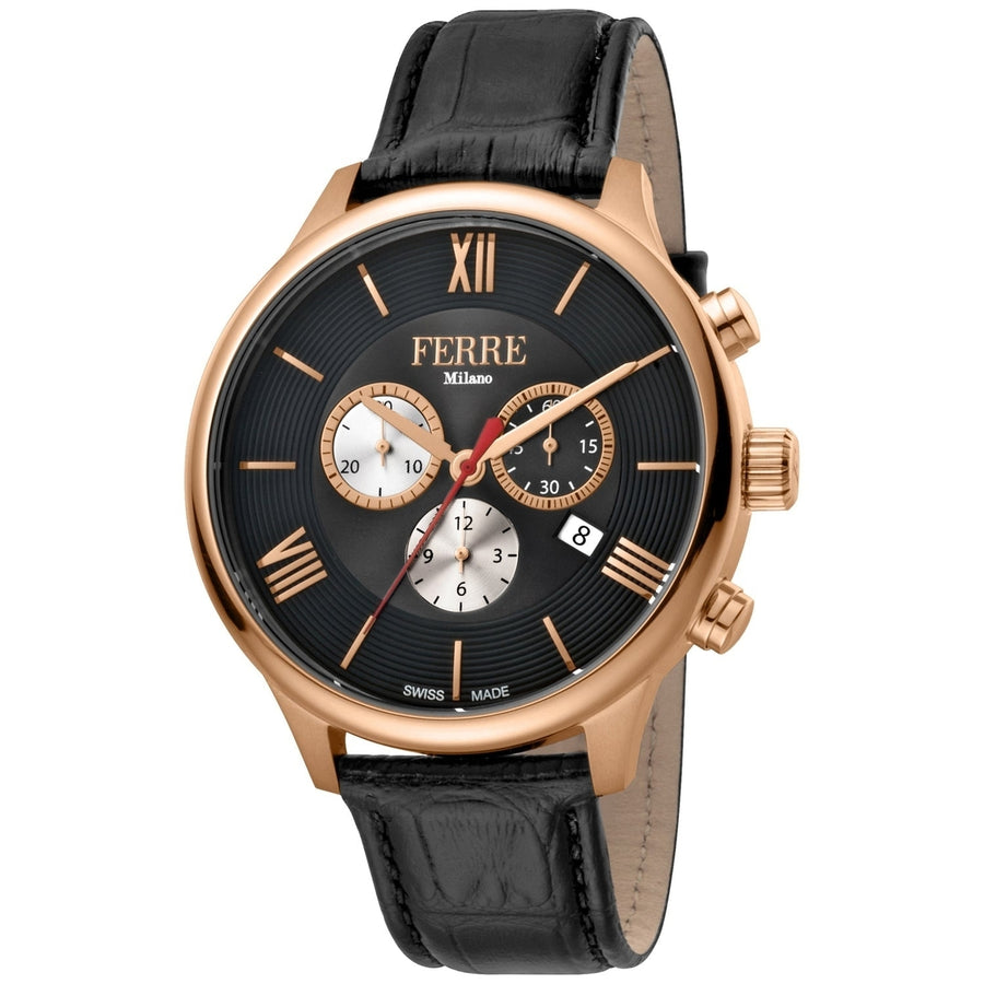 Ferre Milano Mens Black Dial Quartz Watch FM1G144L0031 Stainless Steel Leather Strap Image 1