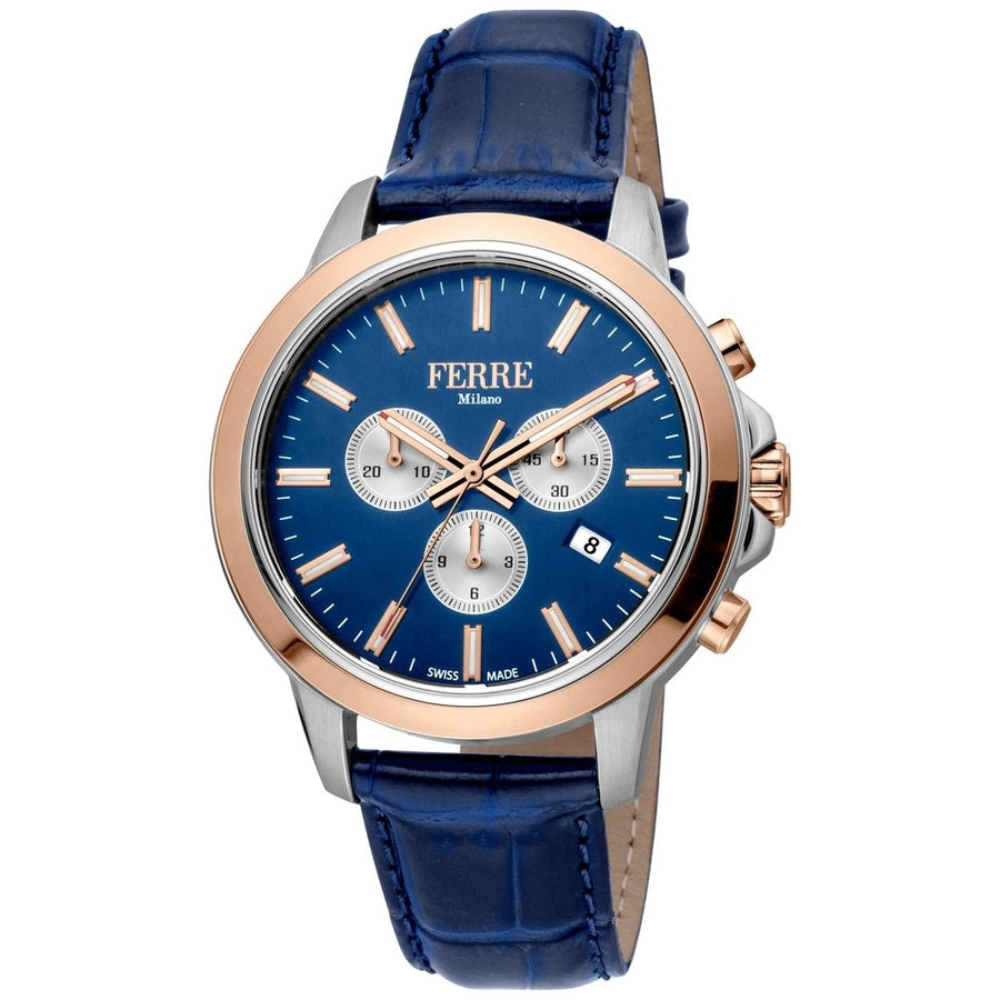 Ferre Milano Mens Blue Dial Quartz Watch FM1G153L0041 Stainless Steel Leather Strap Image 1