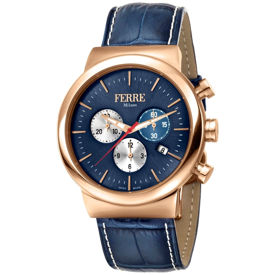 Ferre Milano Mens Classic Blue Dial Watch FM1G106L0031 Stainless Steel Leather Strap Image 1