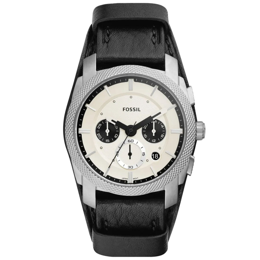 Fossil Mens FS5921 Machine White Dial Watch Stainless Steel Leather Strap Image 1