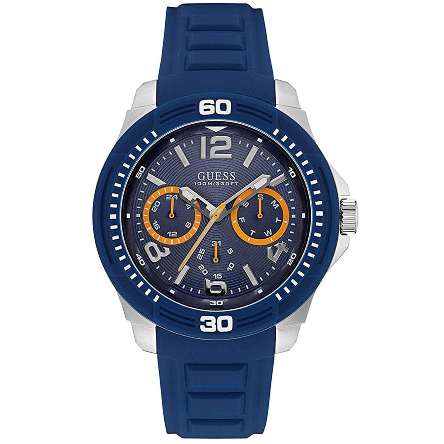 Guess Mens Classic Blue Dial Watch W0967G2 Stainless Steel Rubber Strap Quartz Image 1