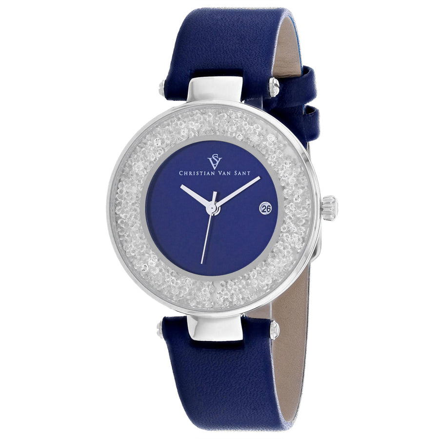 Christian Van Sant Womens Dazzle Blue Dial Watch CV1222 Stainless Steel Leather Strap Image 1