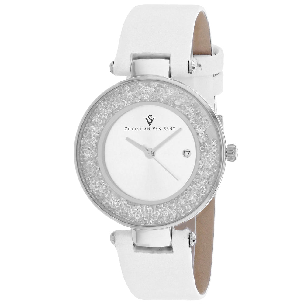 Christian Van Sant Womens Dazzle Silver Dial Watch CV1220 Stainless Steel Leather Image 1