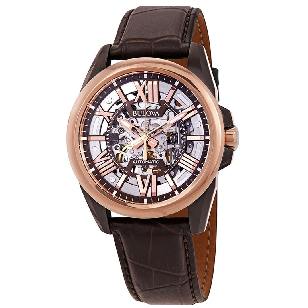 Bulova Mens Sutton Automatic Brown Dial Watch 98A165 Stainless Steel Leather Strap Image 1