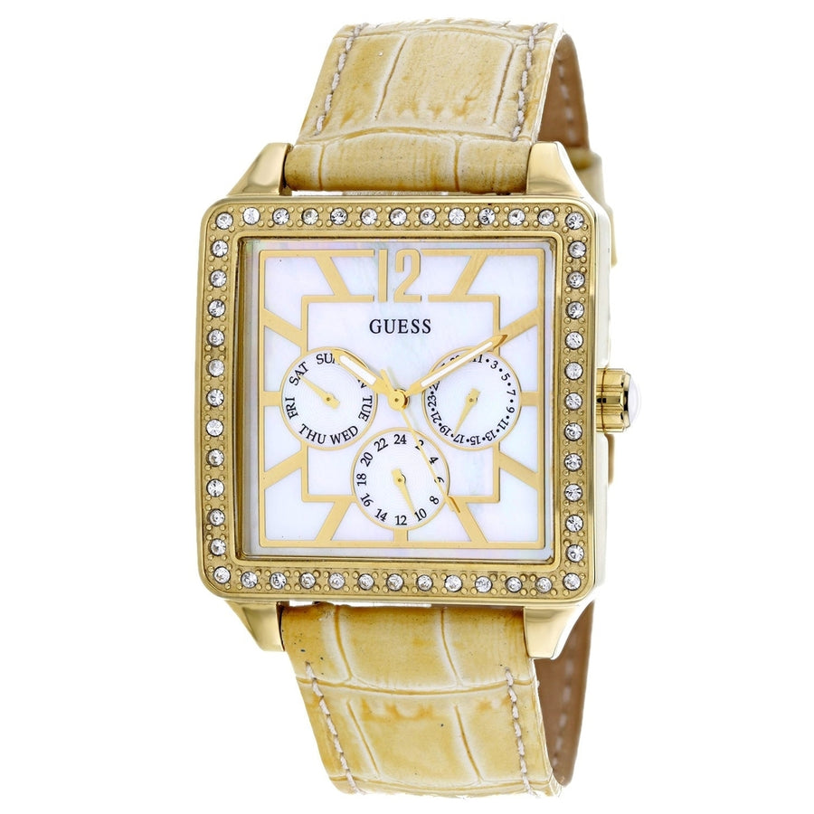 Guess Womens Stainless Steel Mother of Pearl Dial Watch W15057L1 Leather Strap Image 1