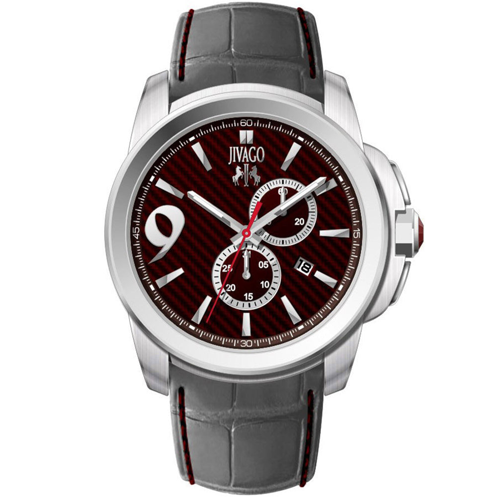 Jivago Mens Watch JV1516 Maroon Dial Stainless Steel Leather Strap Water Resistant Image 1