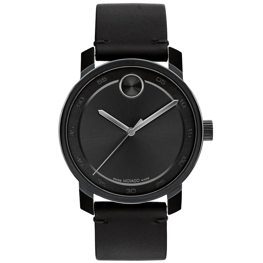 Movado Mens Bold Black Dial Quartz Watch 3600918 Stainless Steel Leather Strap Image 1