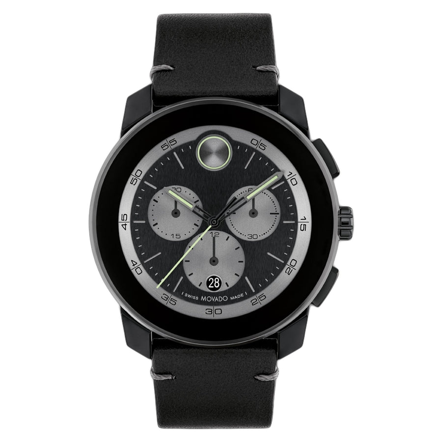 Movado Bold Mens Watch 3601092 Black Dial Stainless Steel Leather Strap Image 1