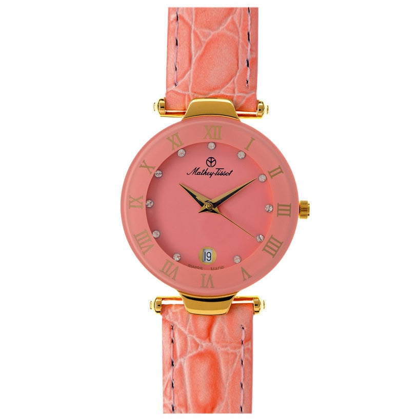 Mathey Tissot Womens Pink Dial Quartz Watch K228F Stainless Steel Leather Strap Image 1