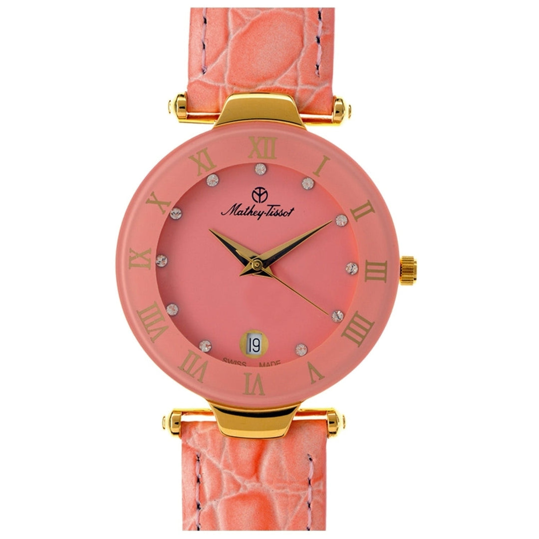 Mathey Tissot Womens Pink Dial Quartz Watch K228M Stainless Steel Leather Strap Image 1