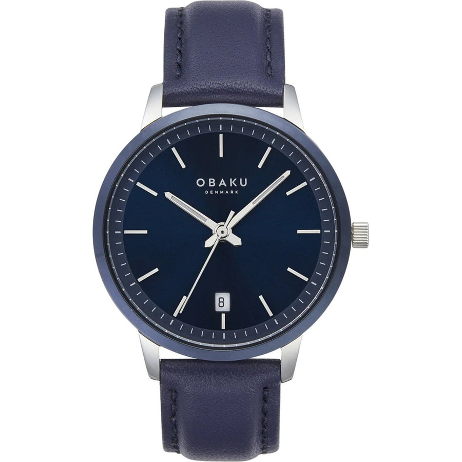 Obaku Mens Salvie Blue Dial Watch V270GDHLRL Stainless Steel Leather Strap Image 1