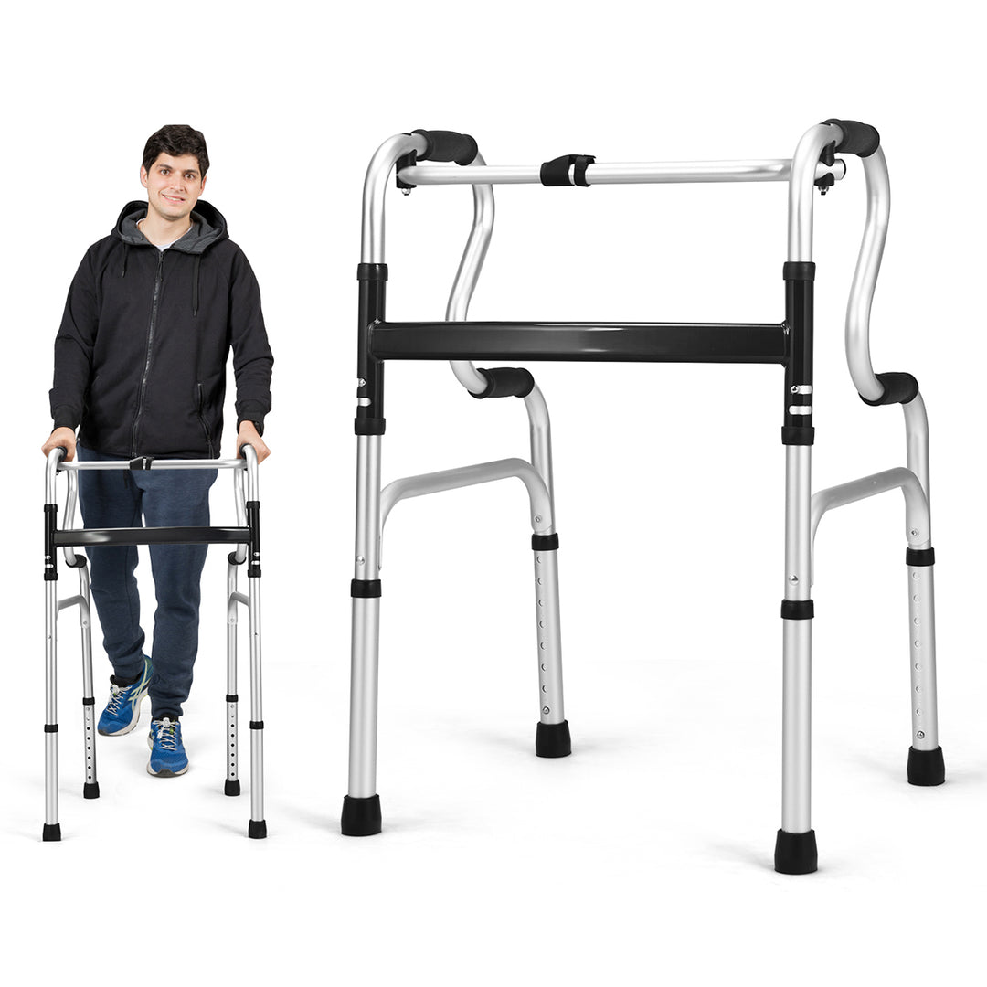 One-button Folding Walker Aluminum Walking Frame w/ Adjustable Height Image 1