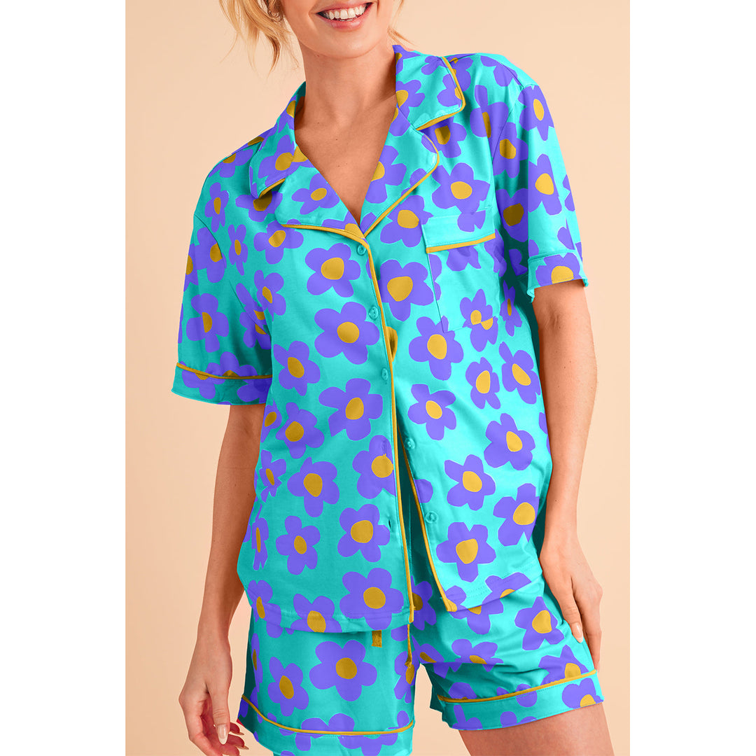 Green Flower Print Buttoned Shirt and Drawstring Waist Pajama Set Image 1