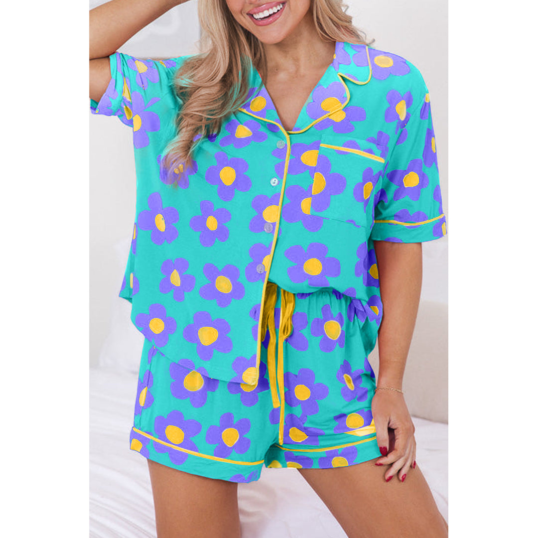 Green Flower Print Buttoned Shirt and Drawstring Waist Pajama Set Image 9