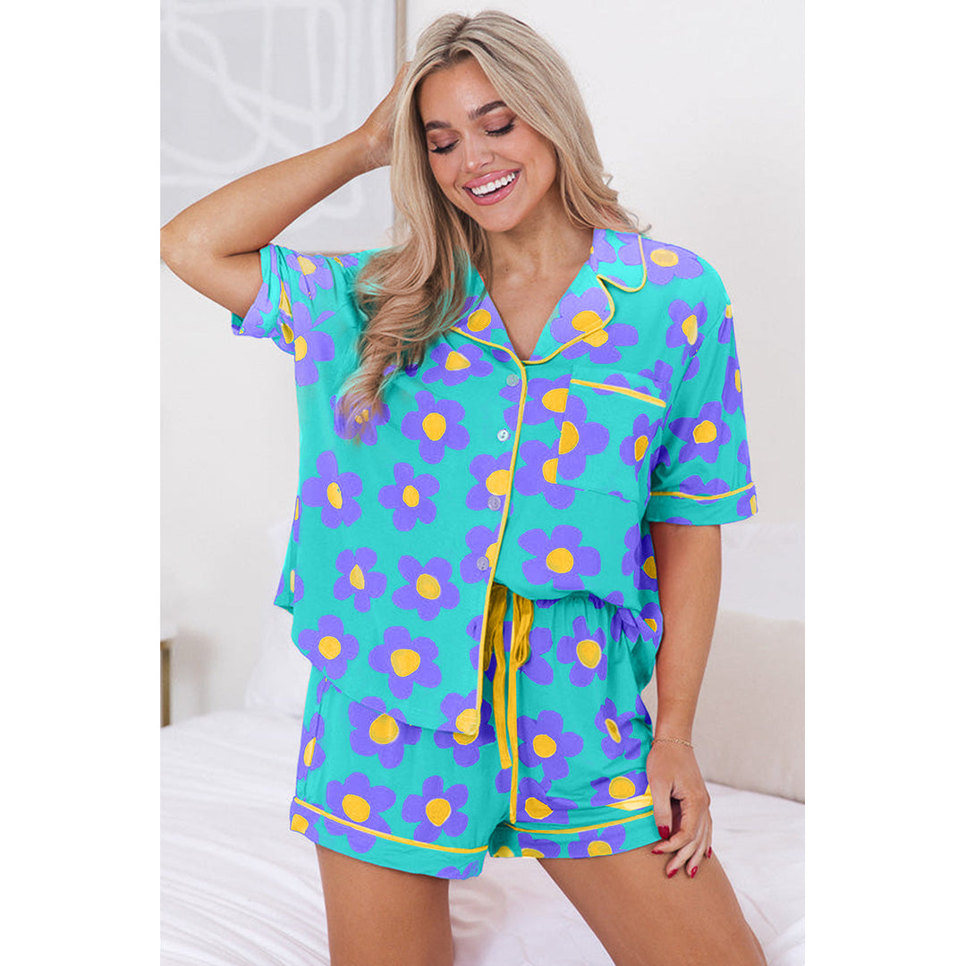 Green Flower Print Buttoned Shirt and Drawstring Waist Pajama Set Image 10