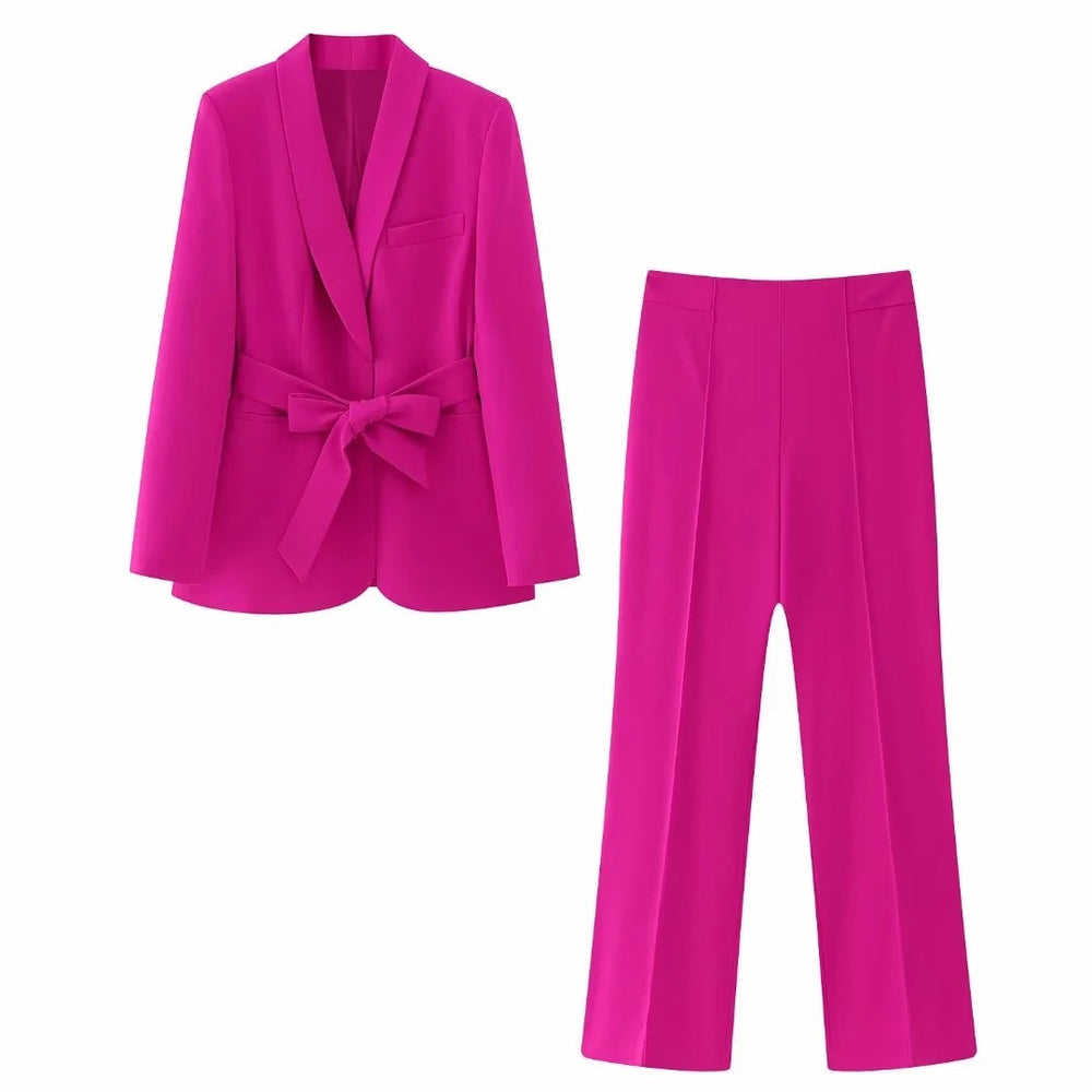 Women Clothing French Style With Belt Dress Small Suit Jacket + Casual Trousers Suit Image 2