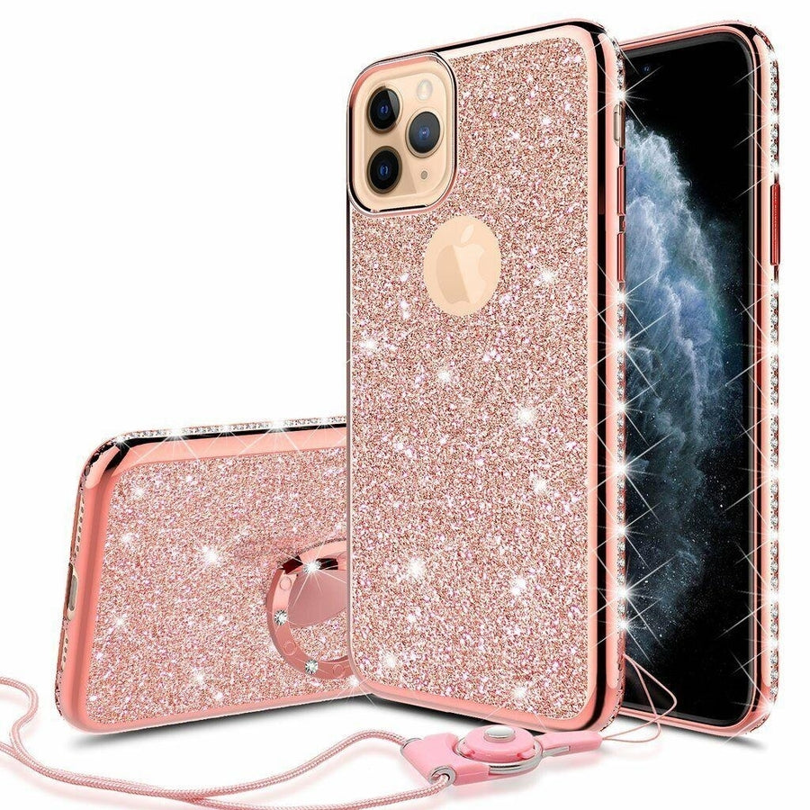 For iPhone 12 Mini Glitter Cute Phone Case Girls with Kickstand Pink Image 1