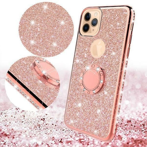 For iPhone 12 Mini Glitter Cute Phone Case Girls with Kickstand Pink Image 3