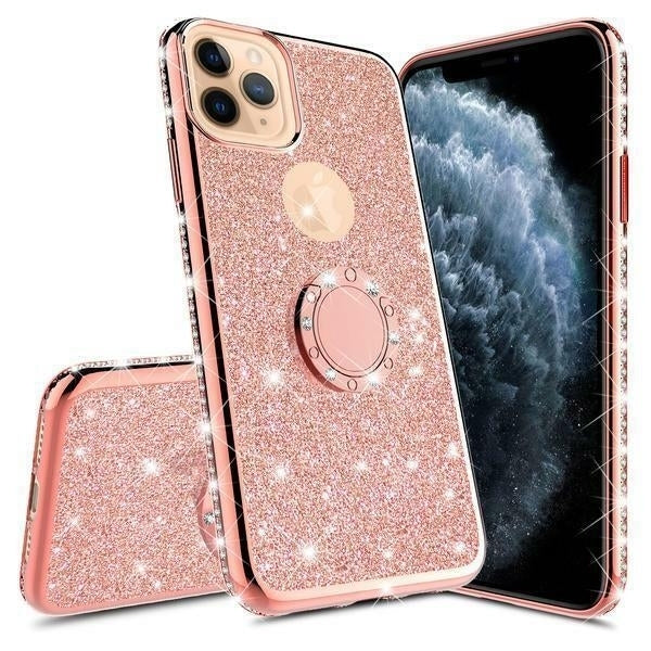 For iPhone 12 Pro Max Glitter Cute Phone Case Girls with Kickstand Pink Image 2