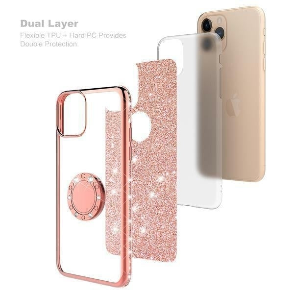 For iPhone 11 Pro Max Glitter Cute Phone Case Girls with Kickstand Pink Image 4