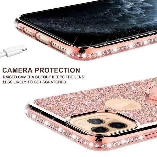 For iPhone 11 Pro Max Glitter Cute Phone Case Girls with Kickstand Pink Image 6