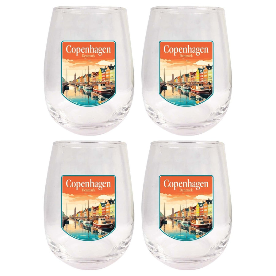 Copenhagen Denmark Design A Souvenir 15 oz Stemless Wine Glass 4-Pack Image 1