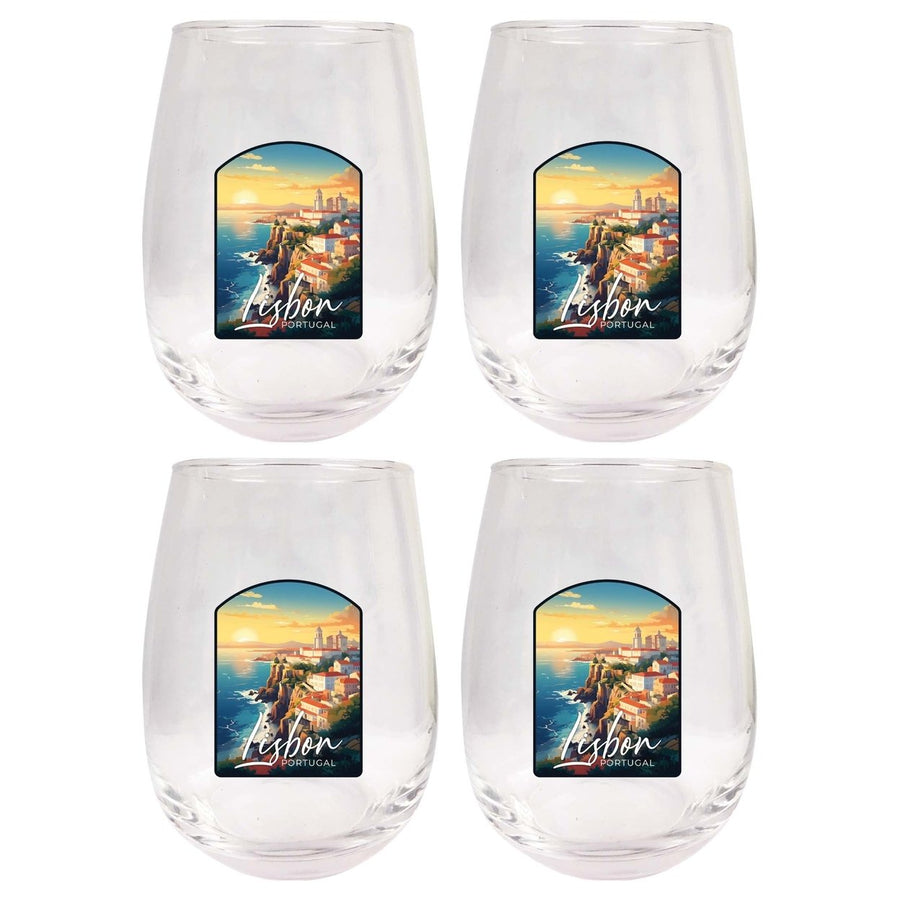 Lisbon Portugal Design B Souvenir 15 oz Stemless Wine Glass 4-Pack Image 1