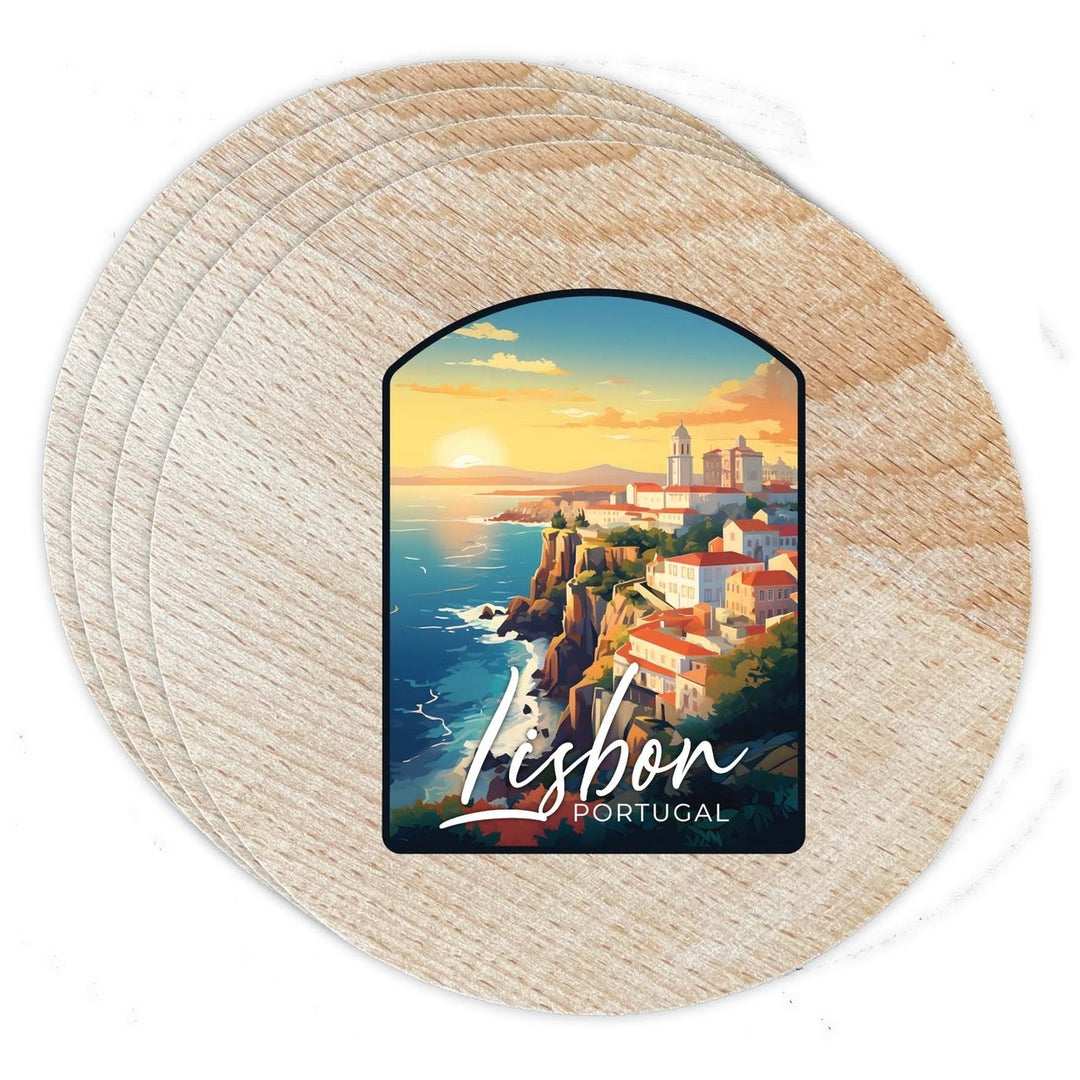 Lisbon Portugal Design B Souvenir Coaster Wooden 3.5 x 3.5-Inch 4 Pack Image 1