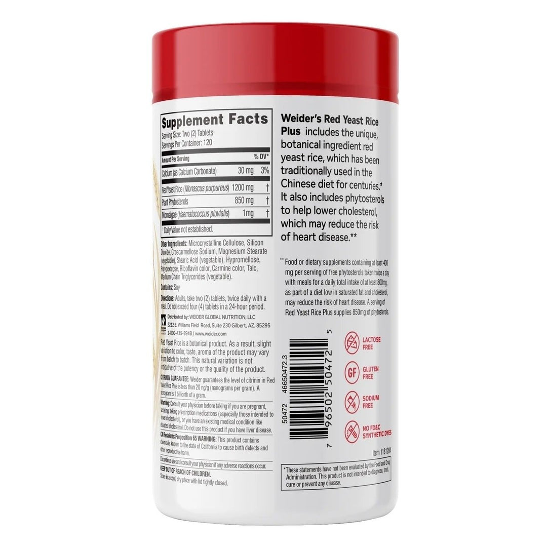 Weider Red Yeast Rice Plus 1200 mg. 240 Tablets Image 3