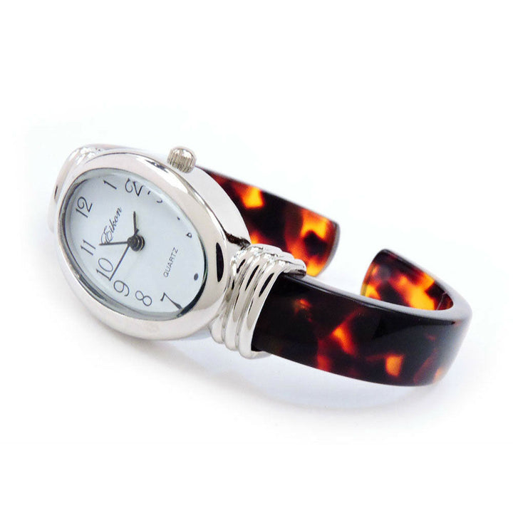 Tortoise Silver Acrylic Band Oval Face Womens Eikon Bangle Cuff Watch Image 2