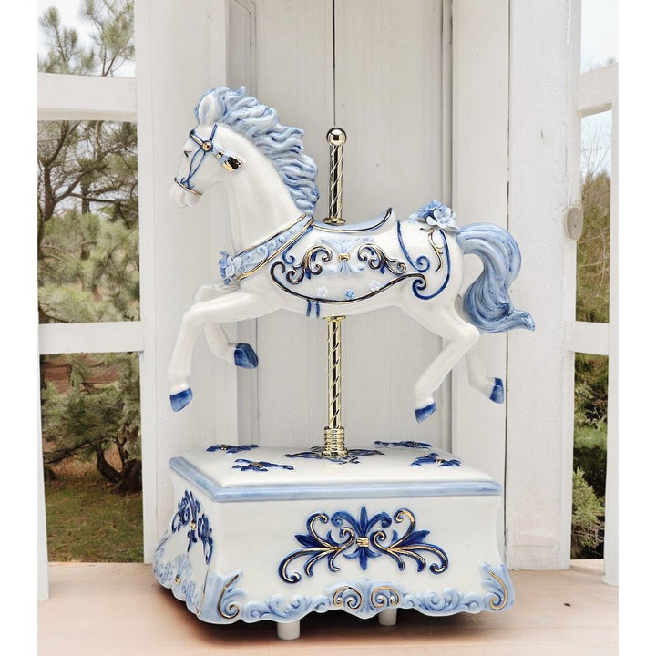 Ceramic Blue Carousel Horse Music Box 5.875x4x8.5 Image 1