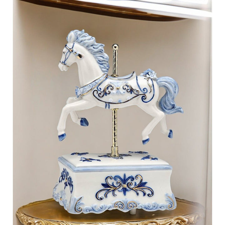 Ceramic Blue Carousel Horse Music Box 5.875x4x8.5 Image 2