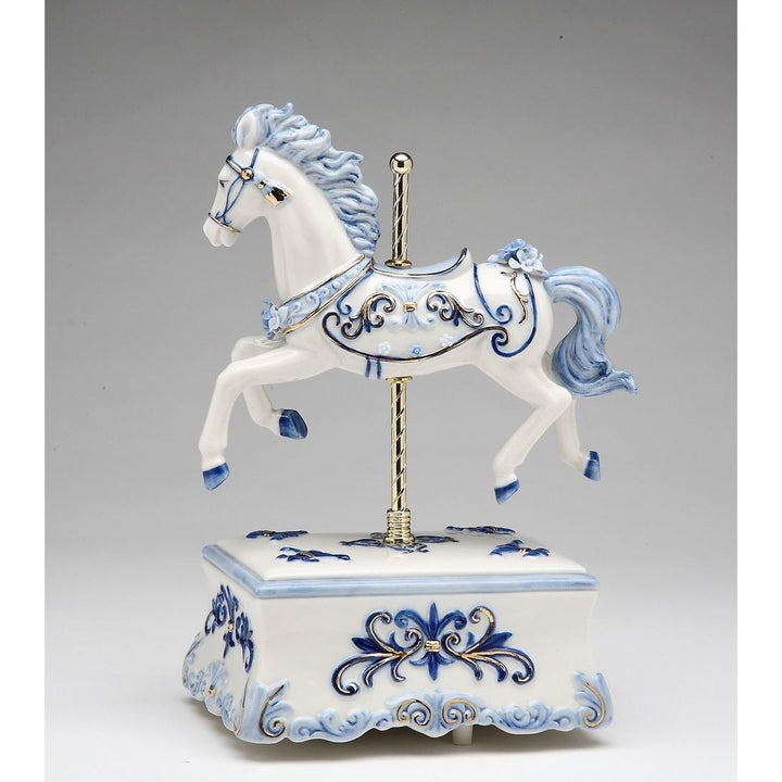 Ceramic Blue Carousel Horse Music Box 5.875x4x8.5 Image 3