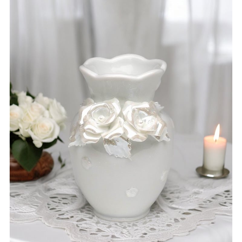 Ceramic White Vase with Rose Flowers 2.625x2.125x3.5 inches Gift Image 1