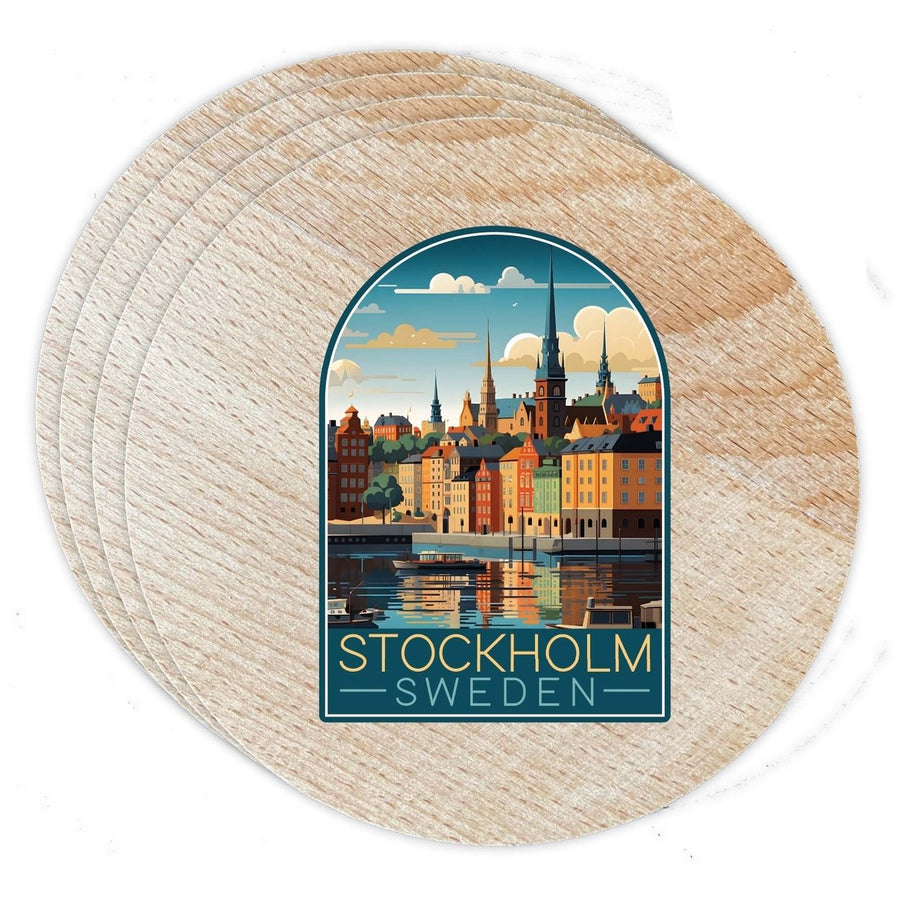 Stockholm Sweden Design A Souvenir Coaster Wooden 3.5 x 3.5-Inch 4 Pack Image 1