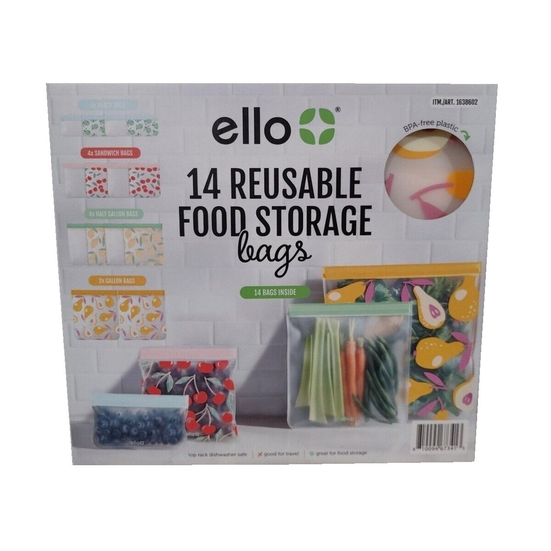 Ello Plastic Reusable Food Storage Ziplock BPA-Free Bags 14 Pack Mixed Sizes Image 1