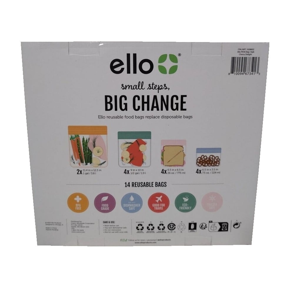 Ello Plastic Reusable Food Storage Ziplock BPA-Free Bags 14 Pack Mixed Sizes Image 2